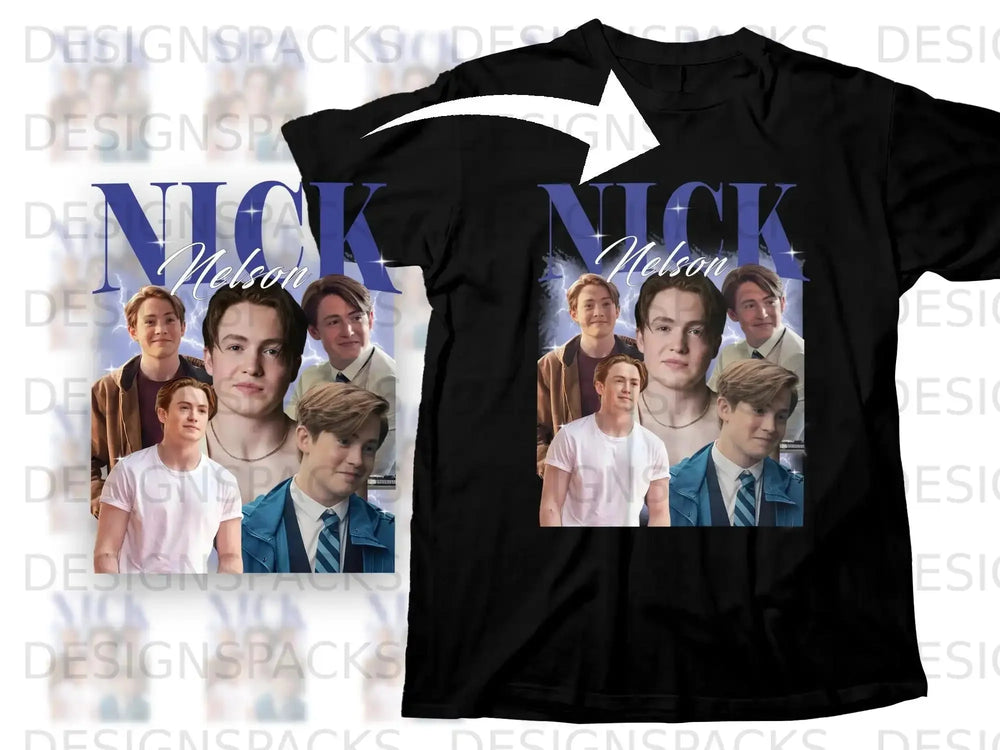 Black t-shirt with collage of actor Nick Nelson from the show Heartstopper.
