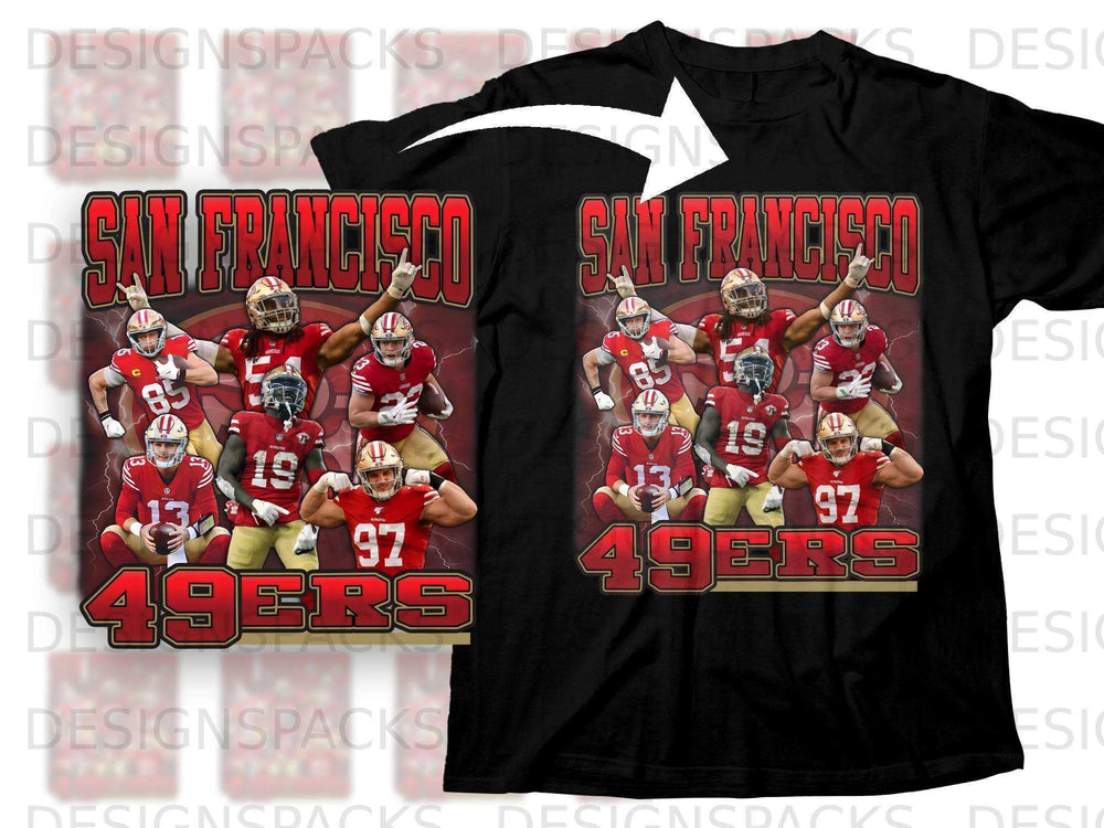 San Francisco 49ers players graphic on a black t-shirt.