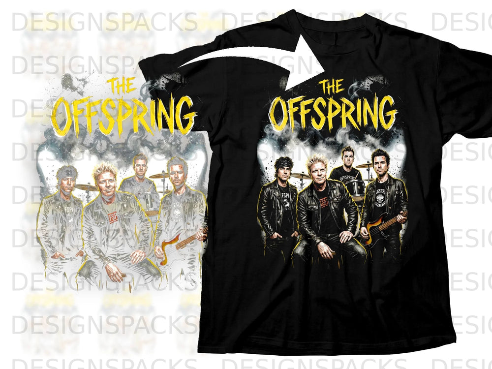 The Offspring band members in a dynamic illustration with yellow band logo on black t-shirt.