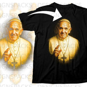 Black t-shirt with a portrait of Pope Francis wearing a zucchetto and papal vestments.