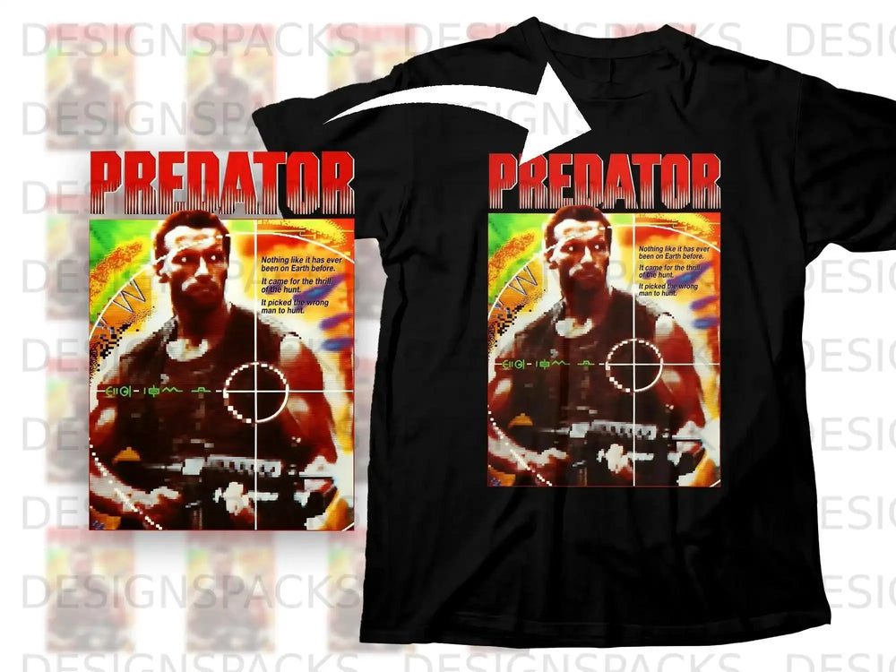 Black t-shirt with Predator movie poster graphic and tagline.