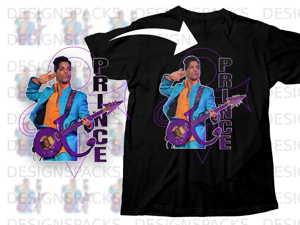 Black t-shirt with Prince in purple suit playing guitar, "PRINCE" text.