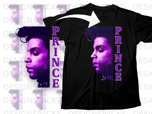 Prince profile on black t-shirt with purple lettering.