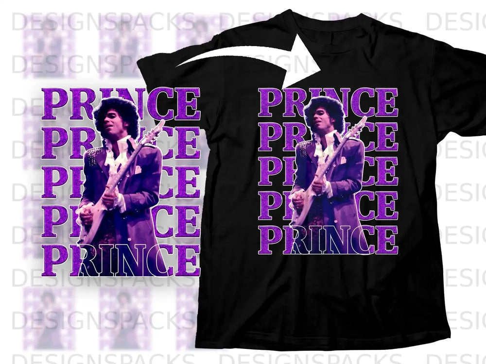 Black t-shirt with "Prince" text and an image of the musician Prince.