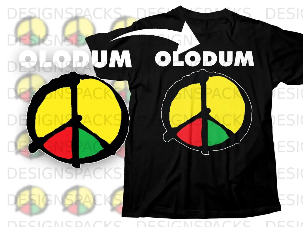 Black t-shirt with a circular yellow, red, and green emblem.