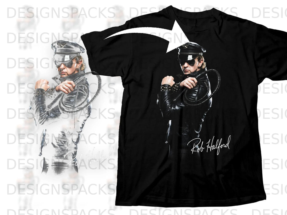 Black t-shirt with Rob Halford in leather jacket, hat, sunglasses, and whip.