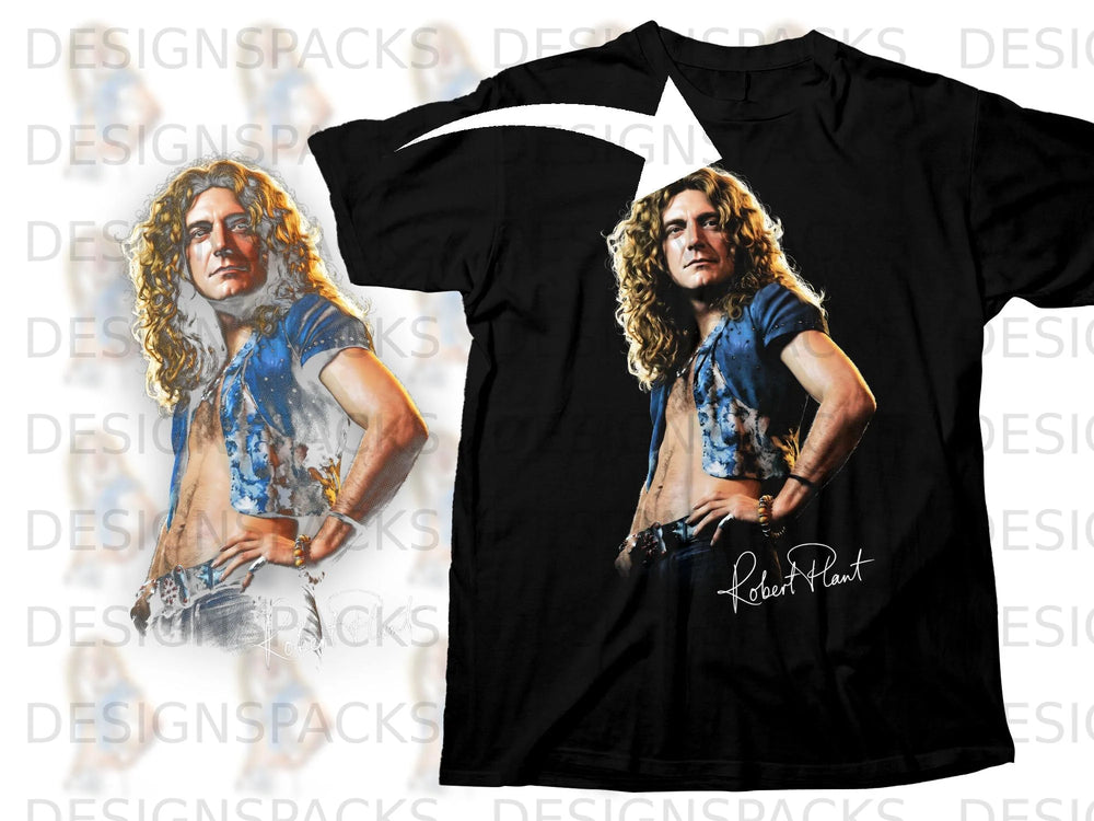 Black t-shirt with a graphic of Robert Plant and his signature.