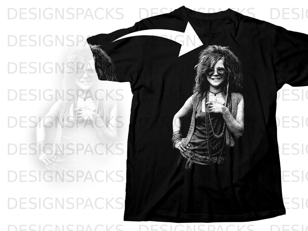 Black t-shirt with a sketch of Janis Joplin and a white arrow graphic.