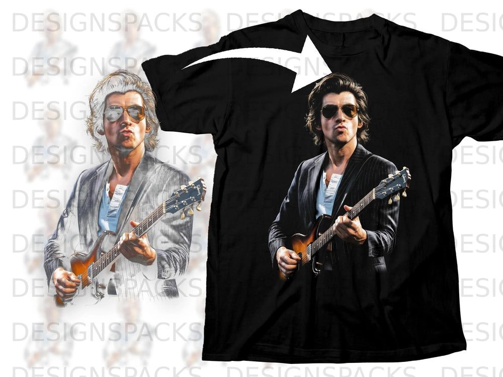 Alex Turner playing guitar in a suit on a black t-shirt graphic.