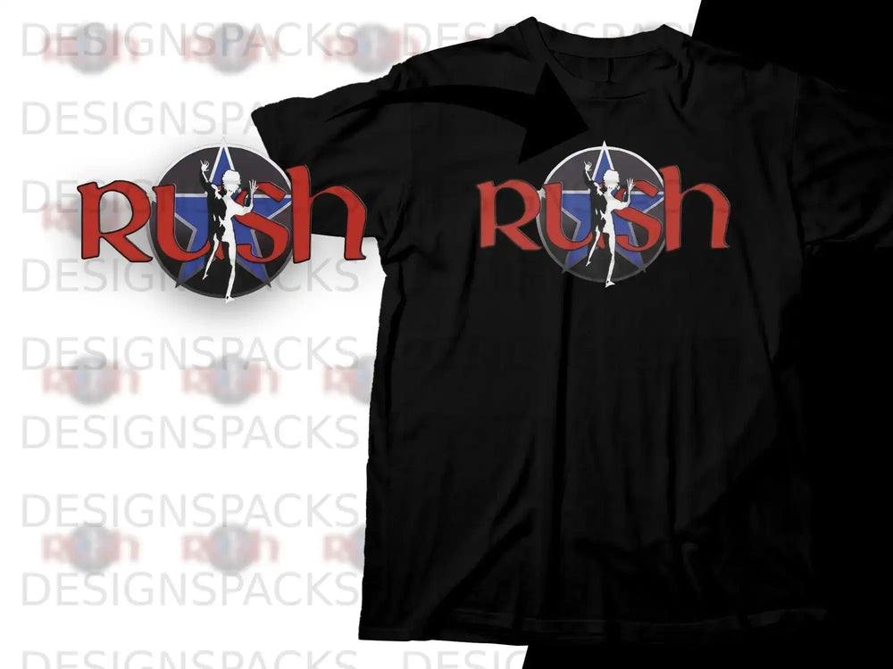 Black t-shirt with the red and white Rush logo and star design.