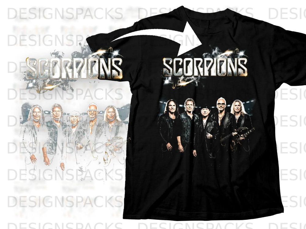 Black t-shirt with Scorpions band logo and members in concert.