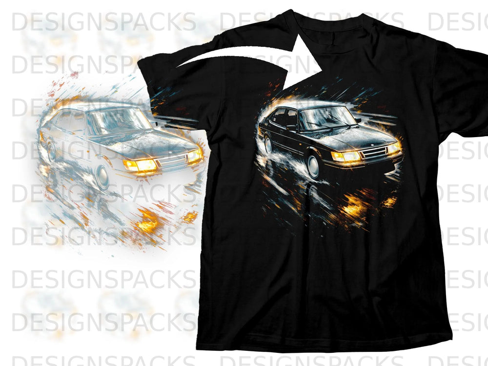 Black t-shirt with graphic of a black Saab 900 Turbo on wet road.