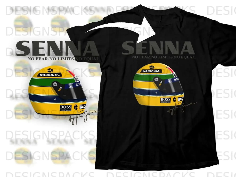 Black t-shirt with Ayrton Senna helmet graphic and "No Fear. No Limits. No Equal." text.