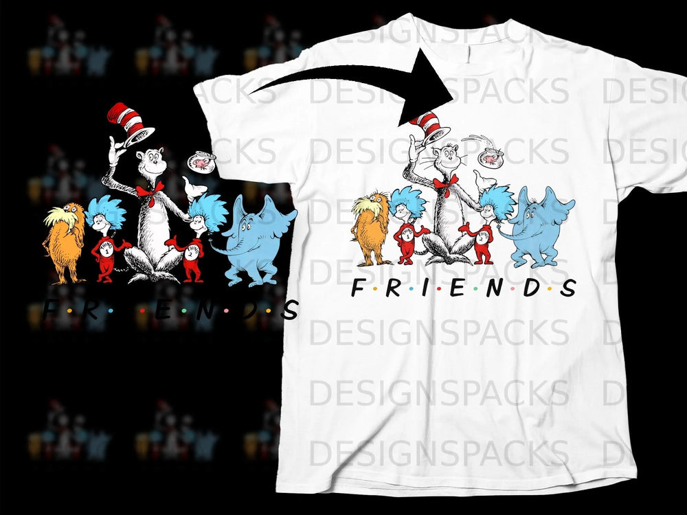 The Cat in the Hat characters with "FRIENDS" text on a white t-shirt.