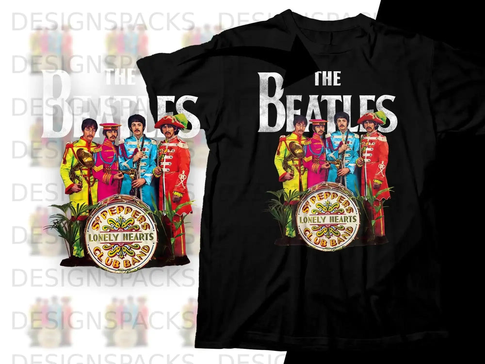 Beatles Sgt. Pepper's Lonely Hearts Club Band album cover on black t-shirt.