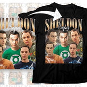 Sheldon Cooper graphic with multiple portraits on a black t-shirt.