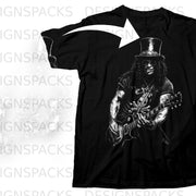 Black t-shirt with a graphic of Slash playing a guitar.