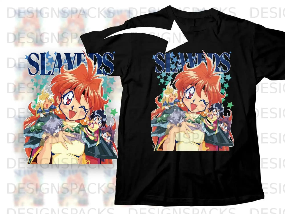 Anime characters with bright hair on a black t-shirt.