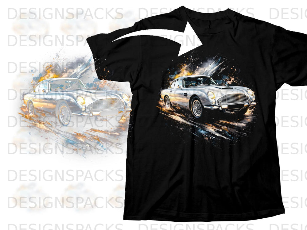 Black t-shirt with artistic graphic of a silver classic car in motion.