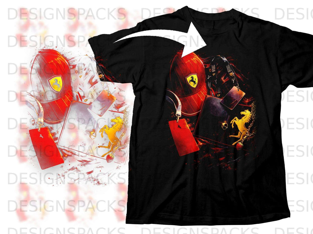 Black t-shirt with Ferrari emblem, golden horse, and red tag graphic.