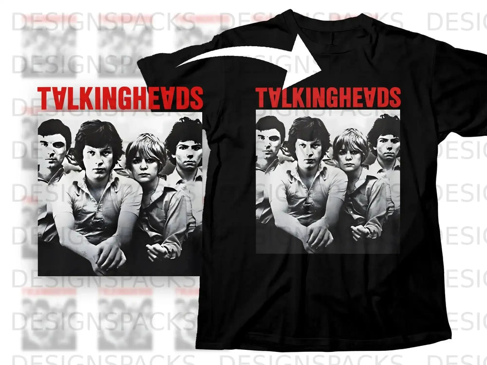 Talking Heads band members in a black and white portrait, printed on a black t-shirt.