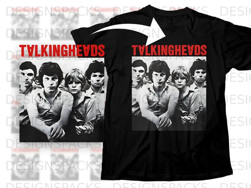 Talking Heads band members in a black and white portrait, printed on a black t-shirt.