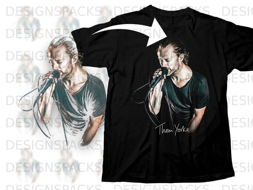 Black t-shirt with Thom Yorke singing into a microphone graphic and signature.