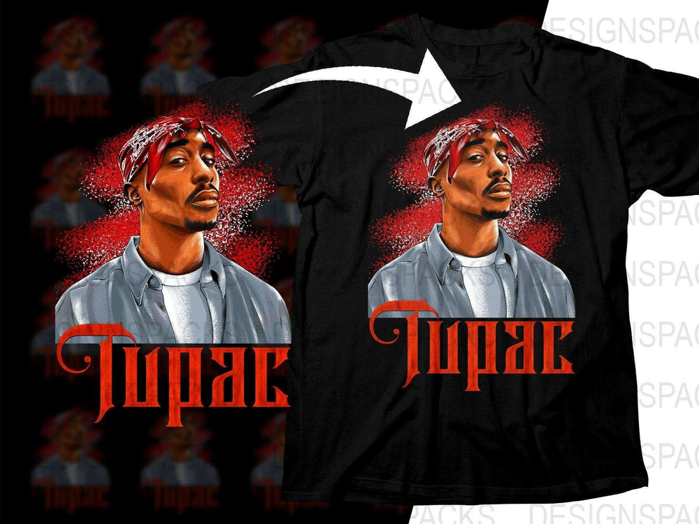 Tupac graphic t-shirt design with red bandana and bold text, print-ready for DTG/DTF
