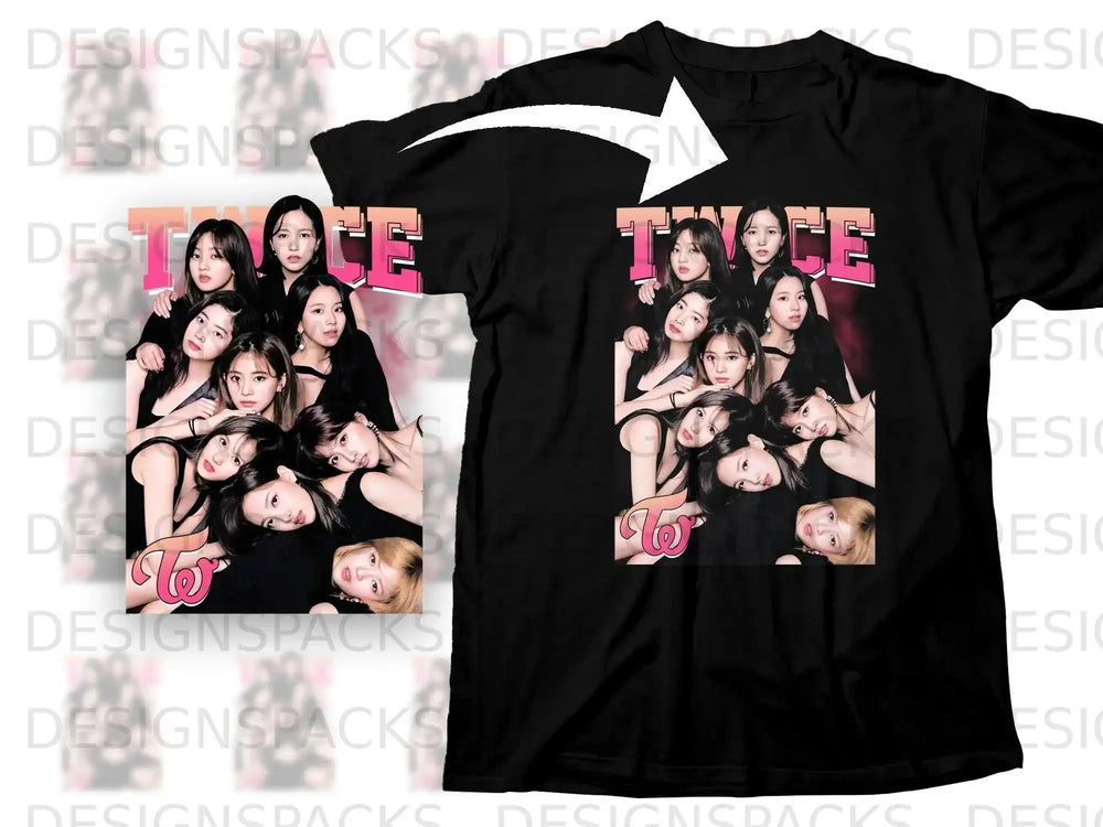 Black t-shirt with TWICE K-pop group photo and logo.