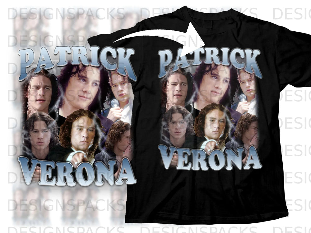 Black t-shirt with "PATRICK VERONA" and multiple images of Heath Ledger.