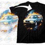 Blue Volvo station wagon with abstract flames and paint splatters on a black t-shirt.