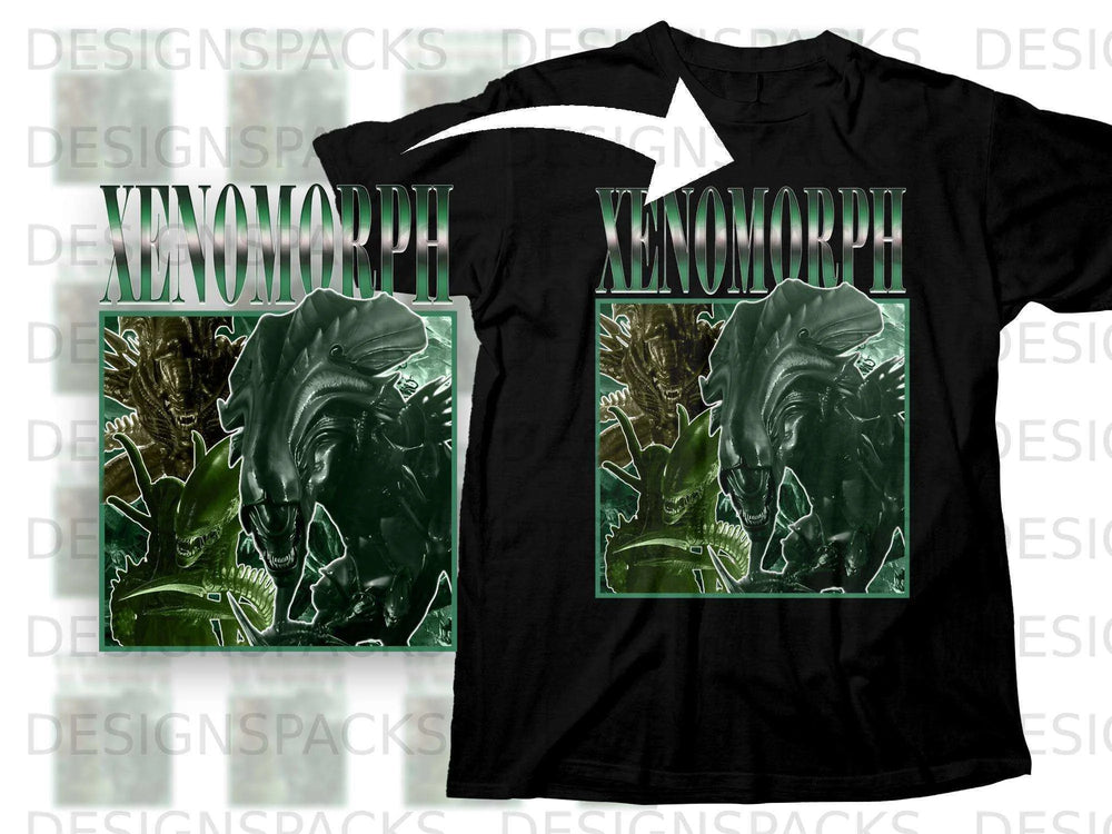 Black t-shirt with a green and black Xenomorph graphic on the front.