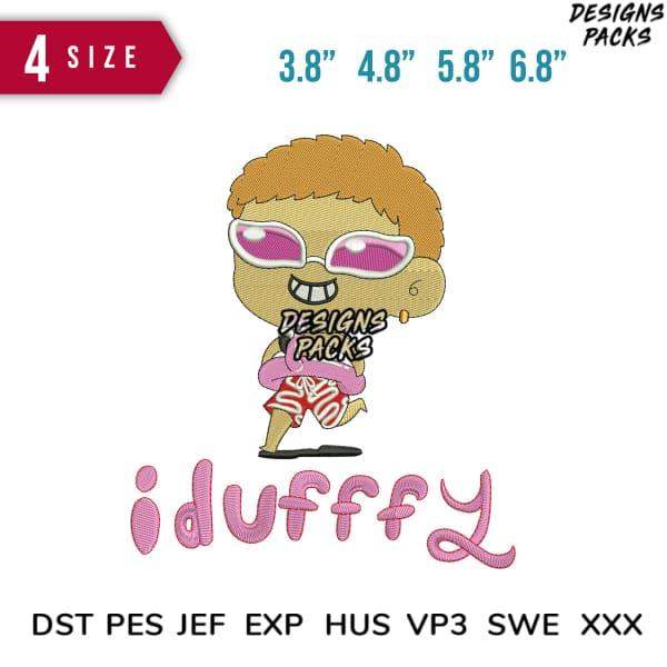 Cute cartoon character embroidery design with pink sunglasses, 'iduffy' text, available in 4 sizes and multiple file formats
