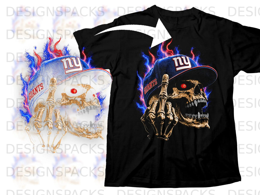 Black t-shirt with skull wearing a Giants hat and blue flames.