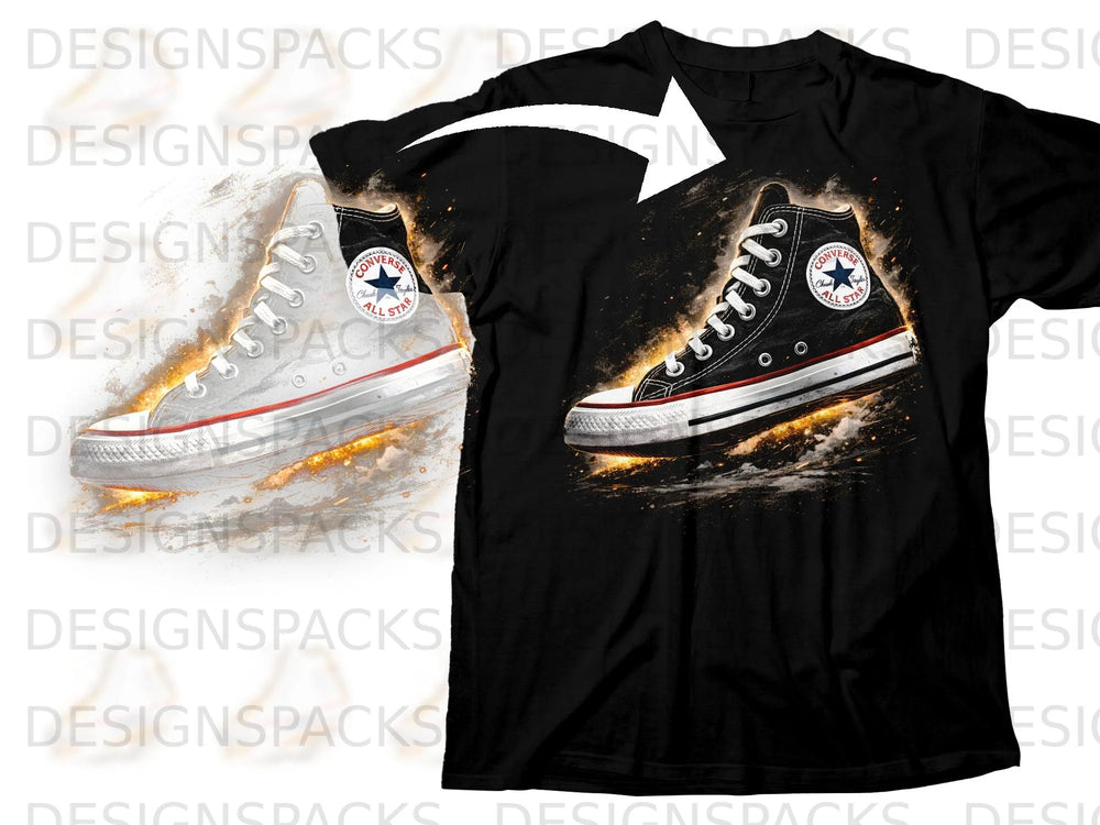 Black t-shirt featuring a graphic of a black Converse Chuck Taylor All Star sneaker with fiery accents.