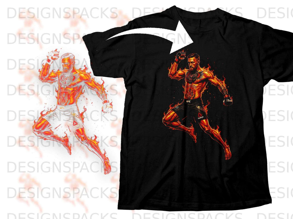 Black t-shirt with Conor McGregor graphic in flames.