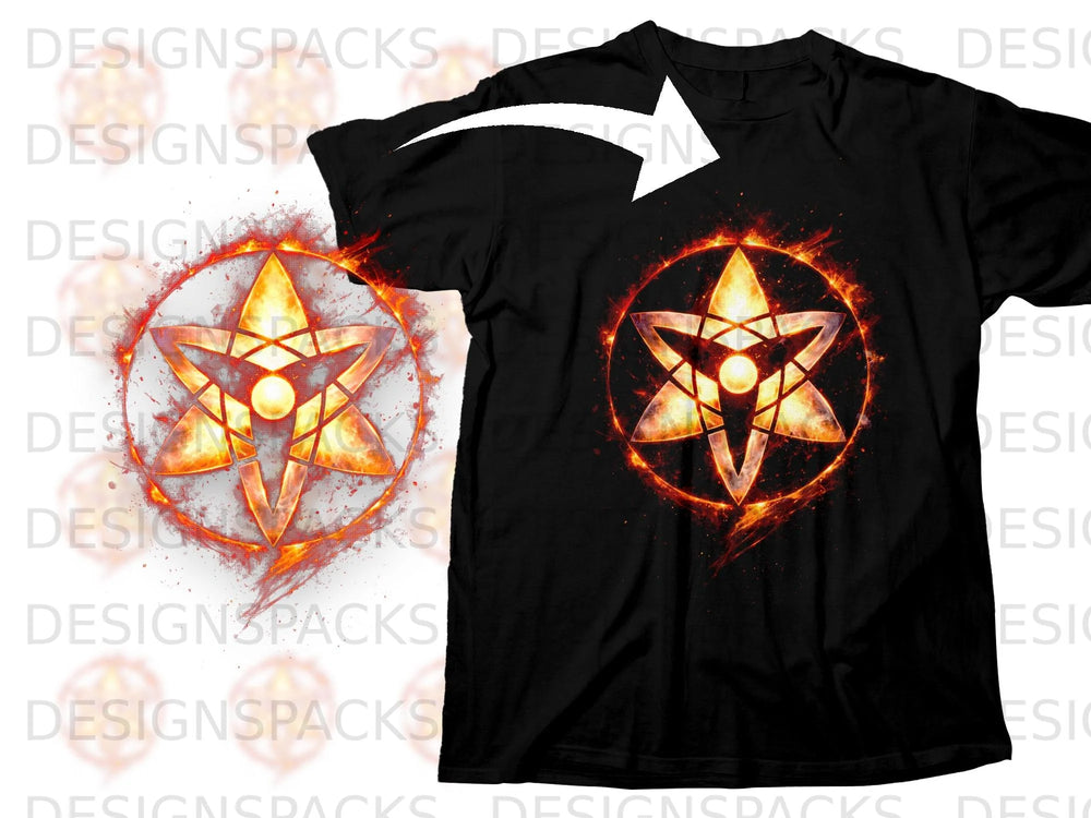 Black t-shirt with a fiery orange and yellow star-shaped emblem.