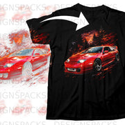 Black t-shirt with a red sports car in a fiery forest scene.