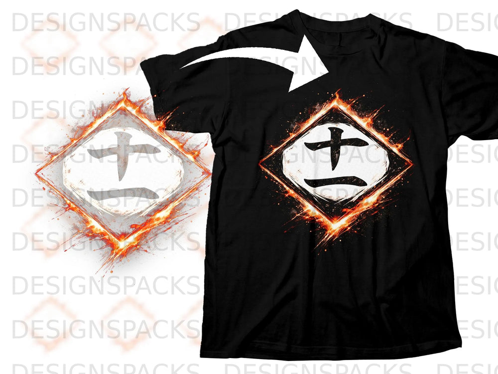 Black t-shirt with a fiery diamond emblem featuring a Japanese character.