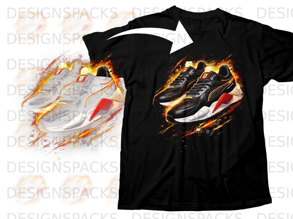 Black t-shirt with a graphic design of two Puma sneakers in vibrant colors.