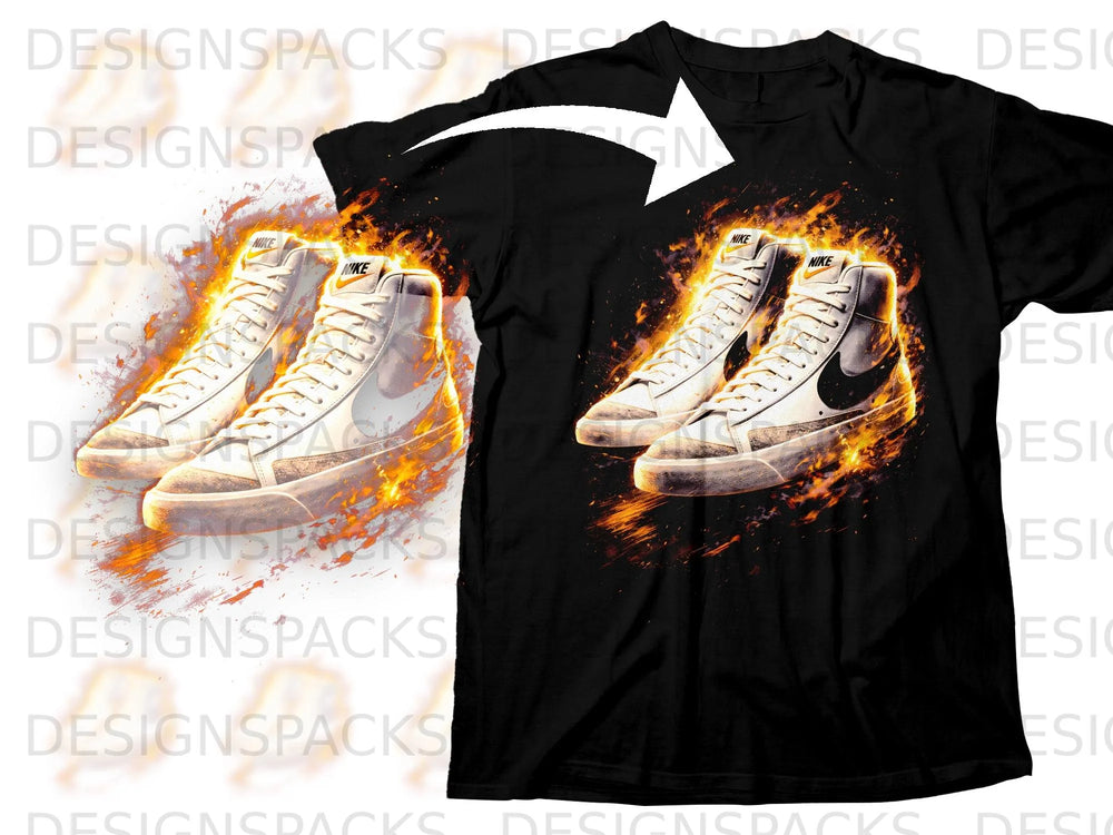 Black t-shirt with a fiery graphic of two white Nike high-top sneakers.