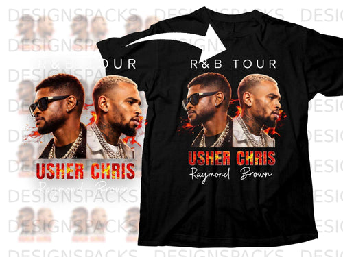 Black t-shirt with portrait of Usher and text R&B TOUR USHER CHRIS Raymond Brown.