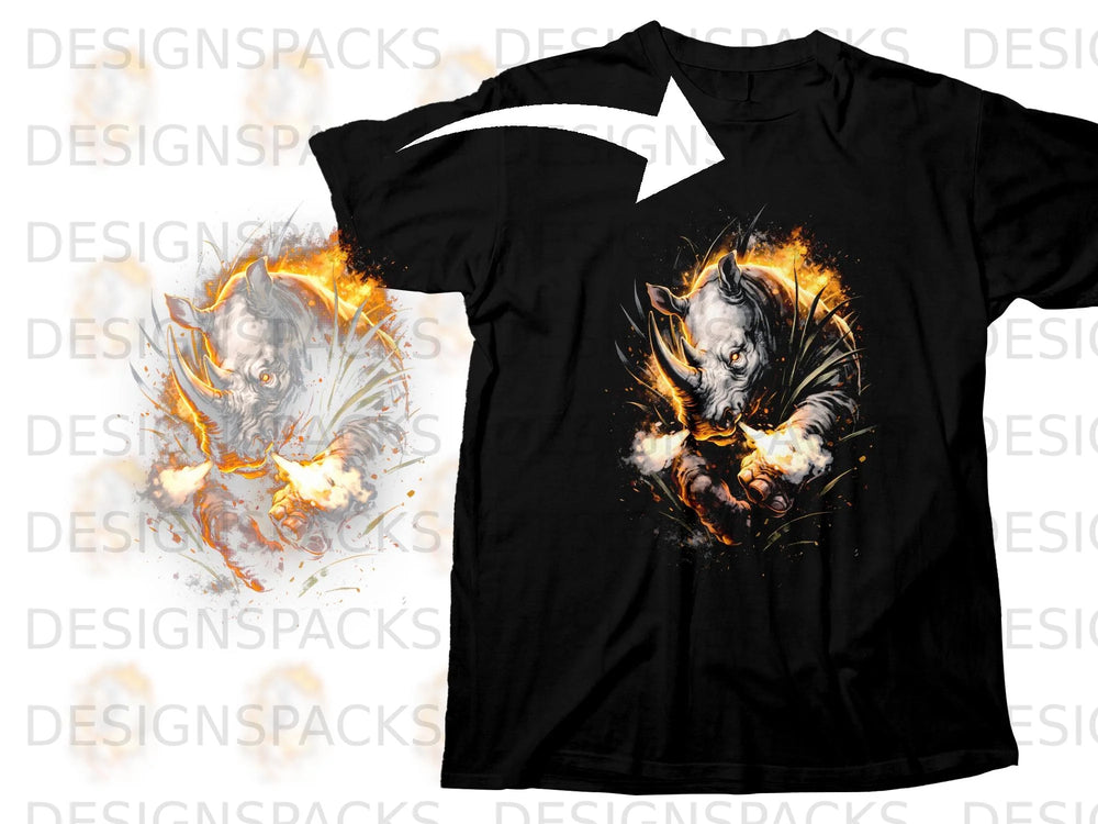 Black t-shirt featuring a roaring rhino graphic with flames.