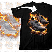 Black t-shirt with fiery sneakers graphic and a white arrow pointing to it.