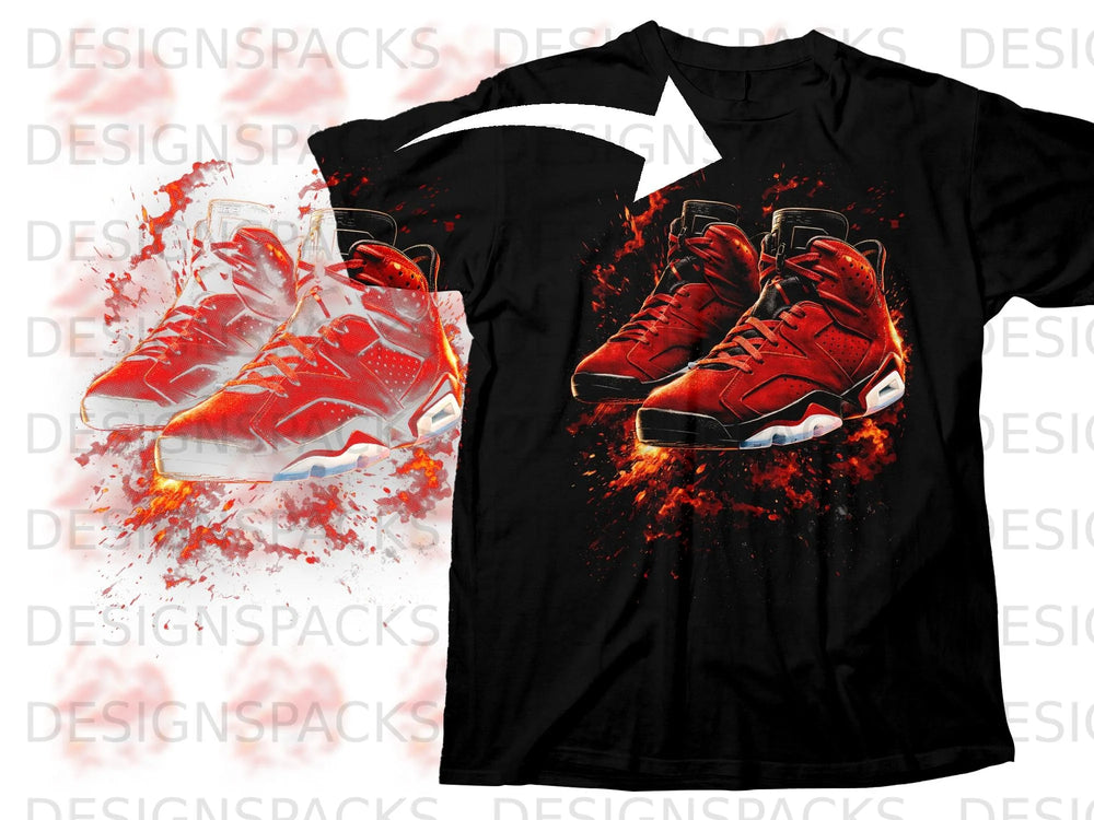 Black t-shirt with a graphic of red sneakers surrounded by fire.