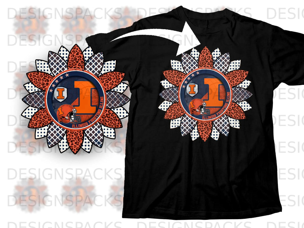 Illinois Fighting Illini sunflower design centered on black t-shirt.