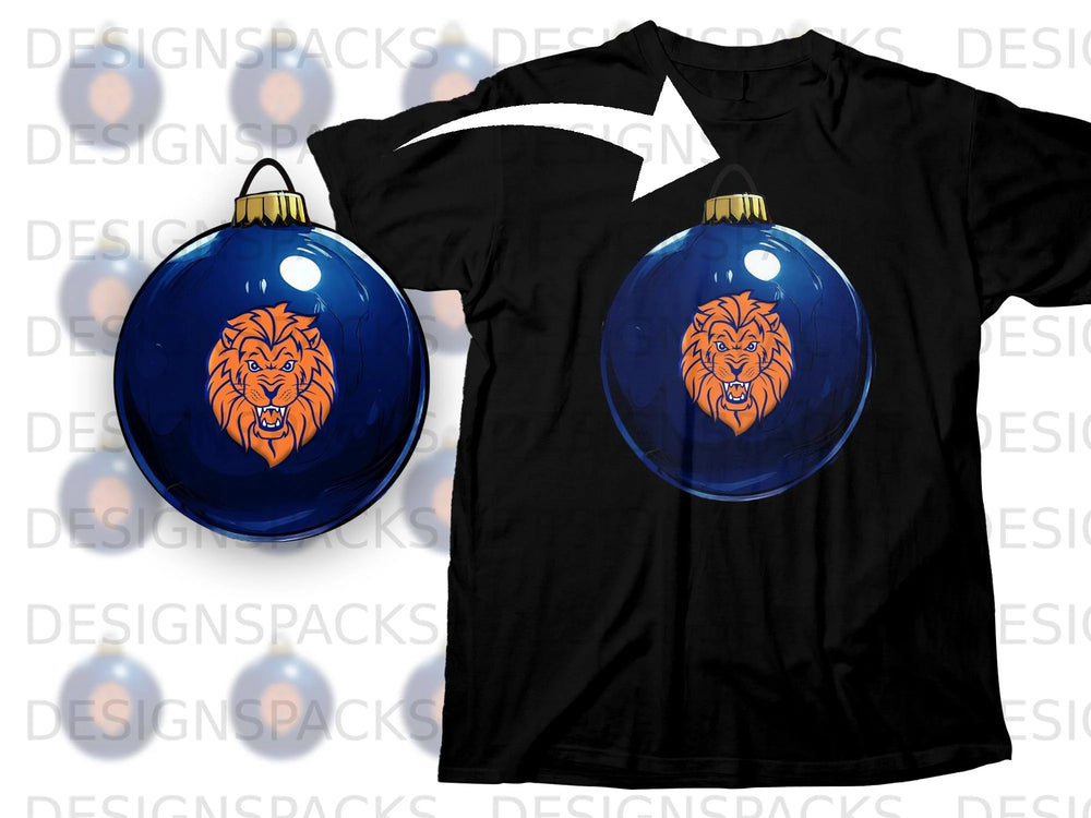 Black t-shirt with a blue Christmas ornament featuring an orange lion head graphic.