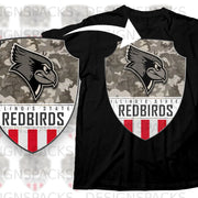 Illinois State Redbirds shield logo on black t-shirt with camouflage and stripes.
