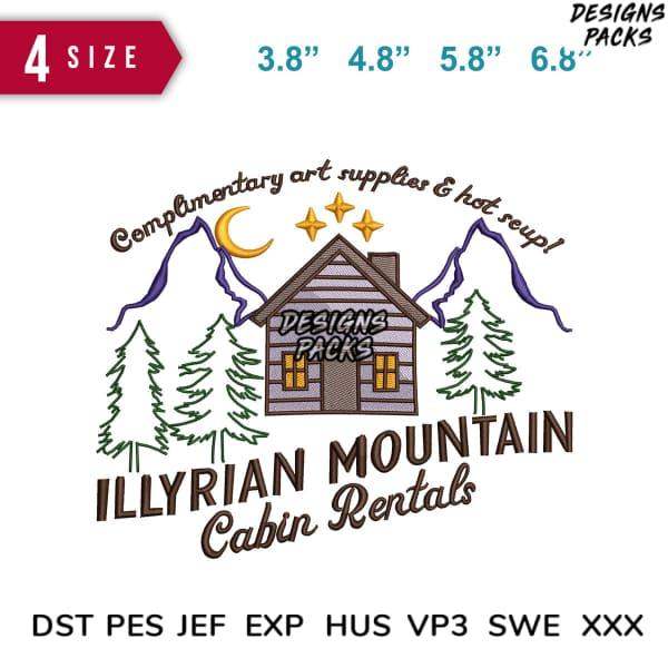 Illyrian Mountain Cabin Rentals embroidery design with cabin, trees, moon, and stars in 4 sizes, DTF/DTG & embroidery formats