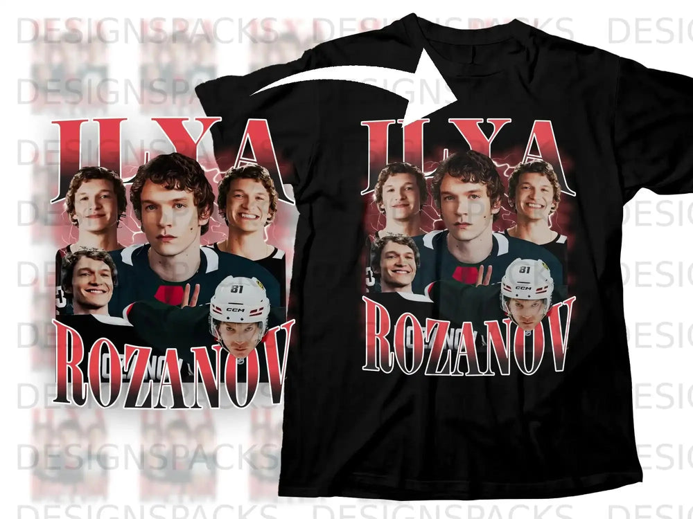 Ilya Rozanov collage on a black t-shirt.